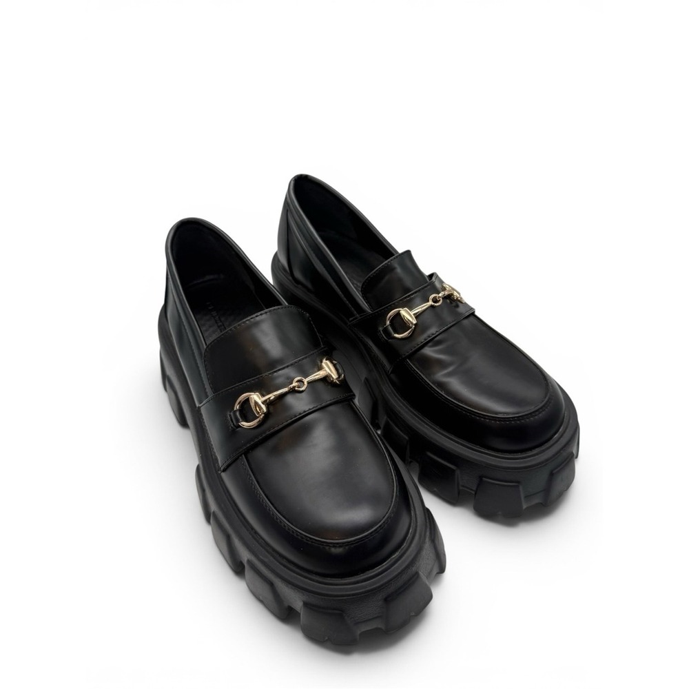 Princess Polly Black Faux Leather Lug Sole Loafers with Gold Hardware